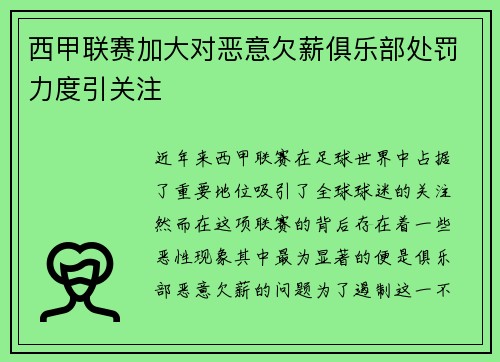 西甲联赛加大对恶意欠薪俱乐部处罚力度引关注